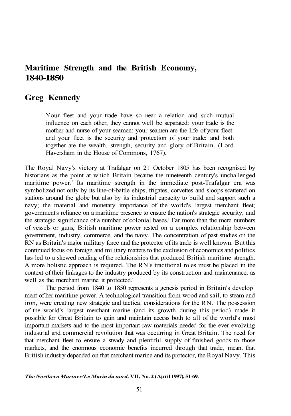 Maritime Strength and the British Economy, 1840-1850 Greg Kennedy