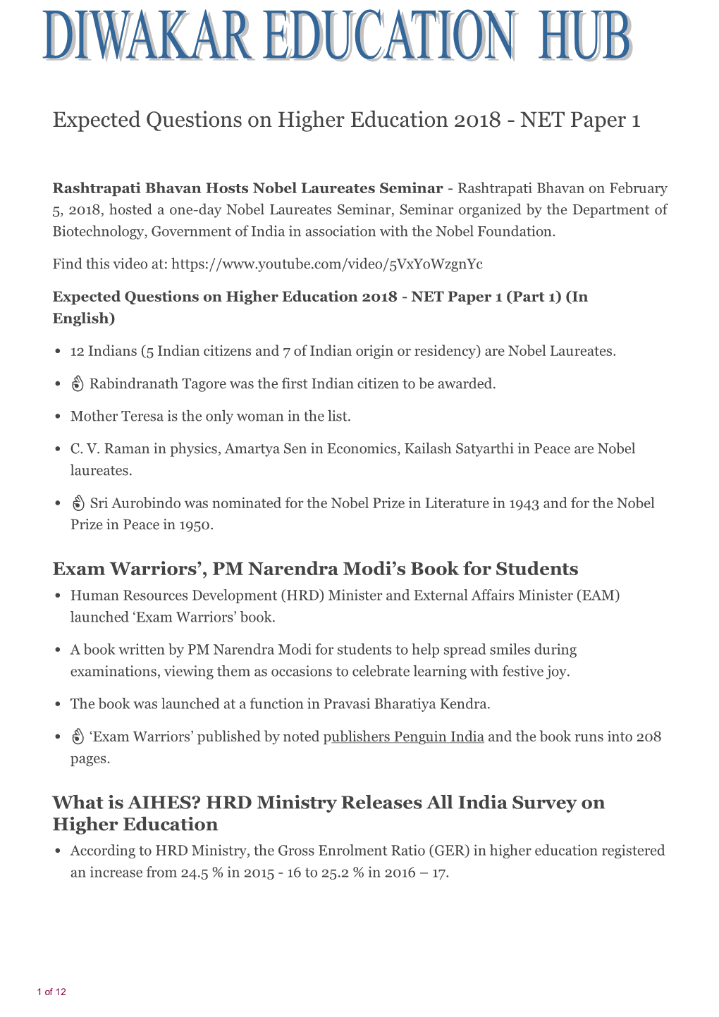 Expected Questions on Higher Education 2018 - NET Paper 1