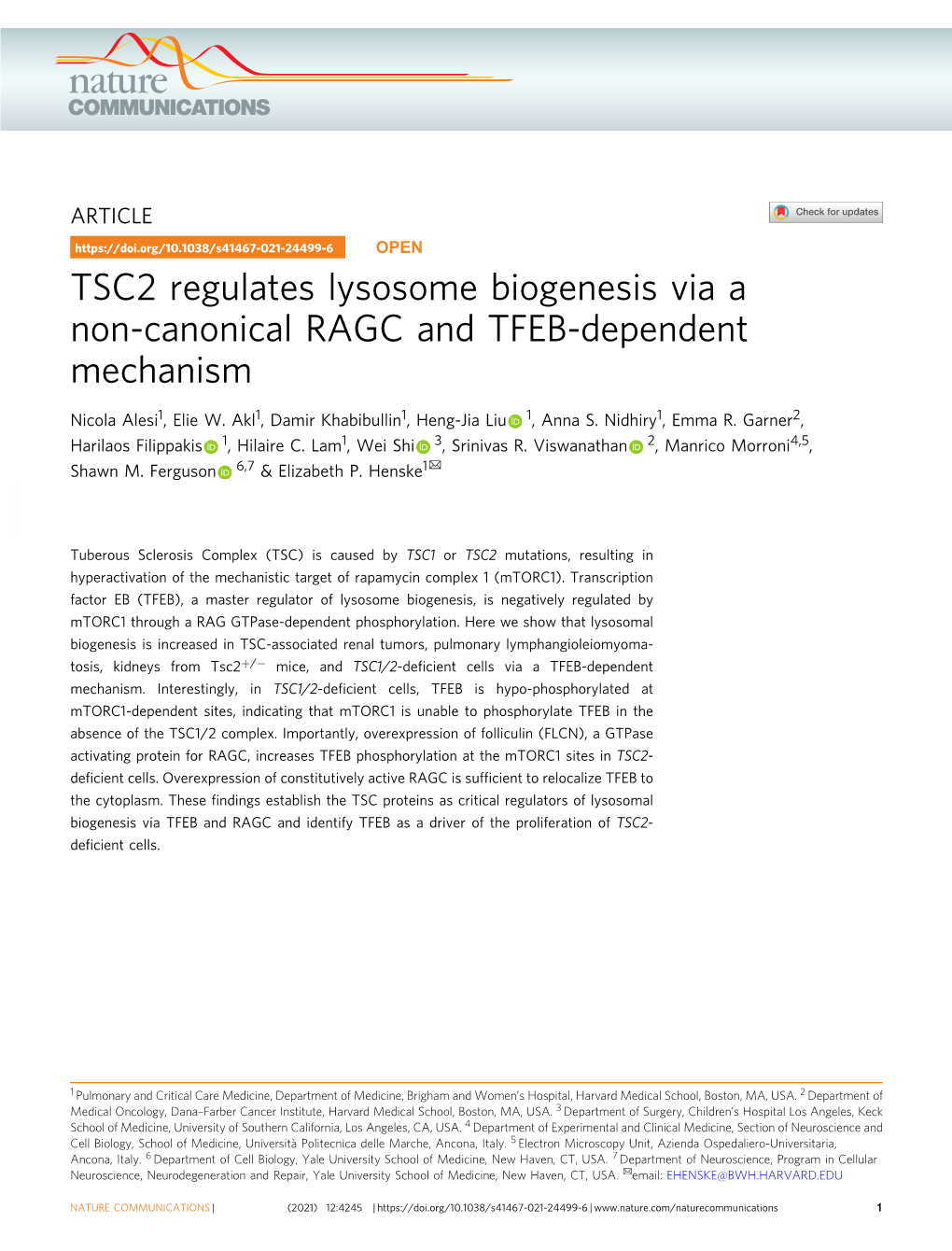 TSC2 Regulates Lysosome Biogenesis Via a Non-Canonical RAGC and TFEB-Dependent Mechanism