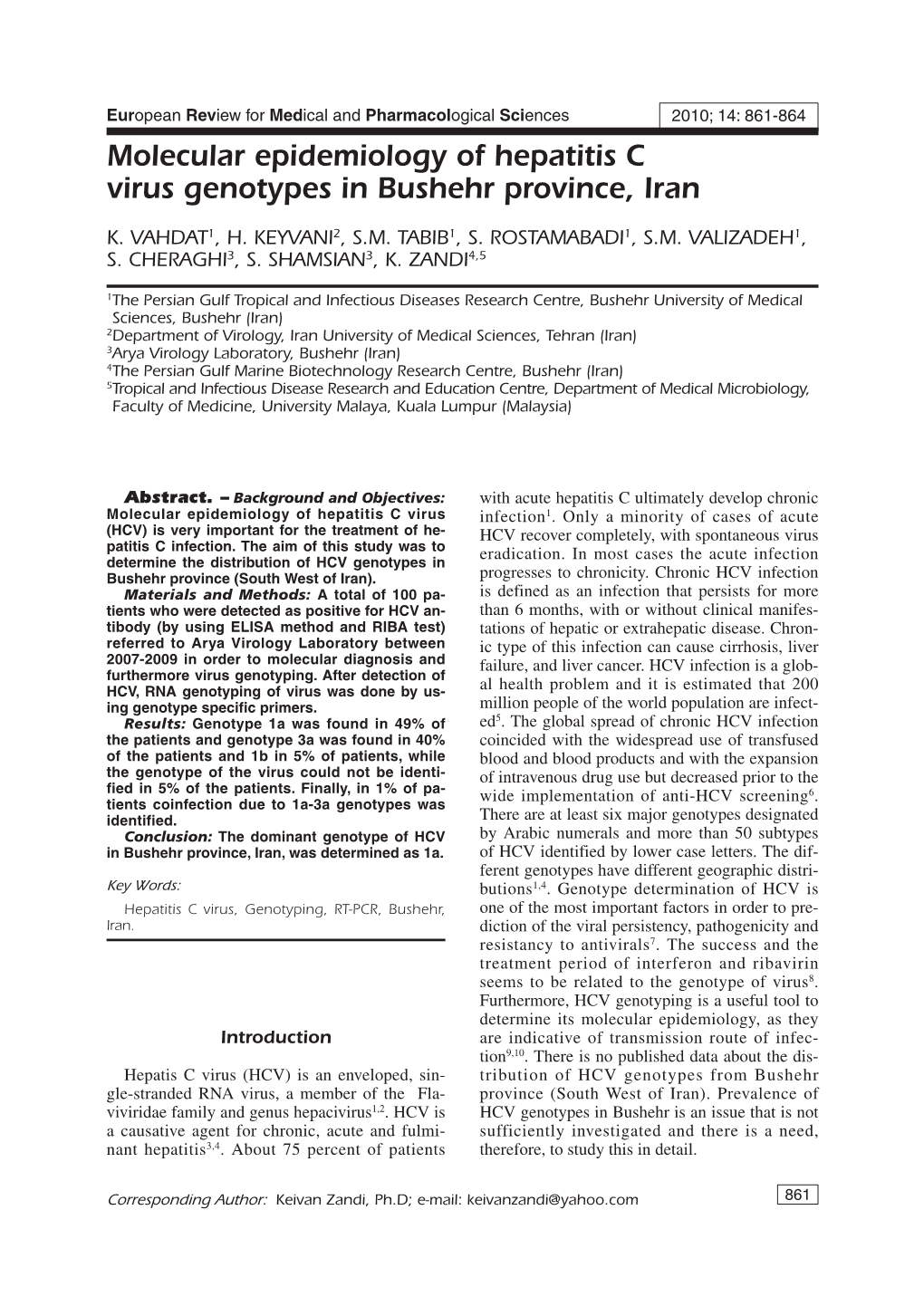 Molecular Epidemiology of Hepatitis C Virus Genotypes in Bushehr Province, Iran