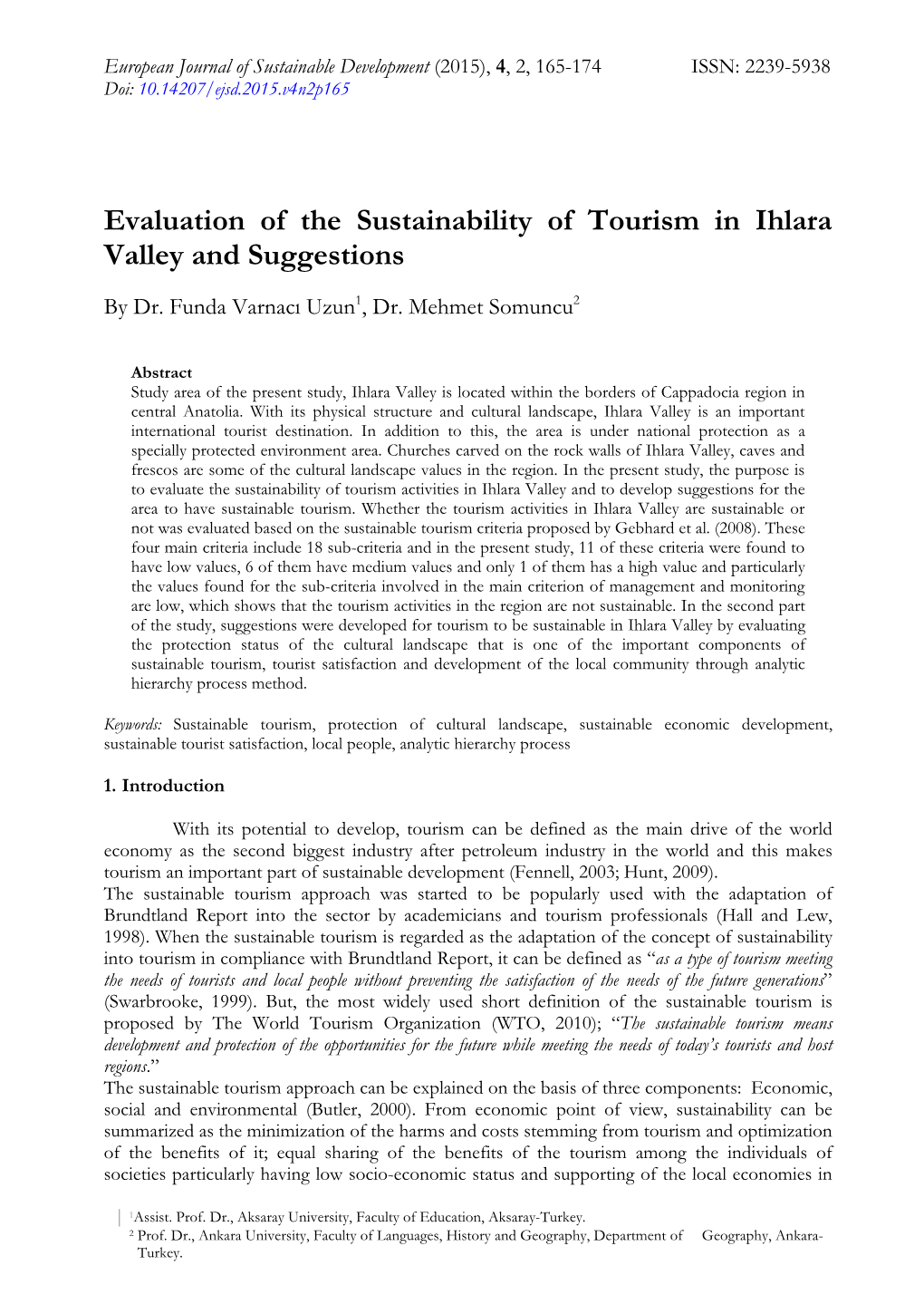 Evaluation of the Sustainability of Tourism in Ihlara Valley and Suggestions