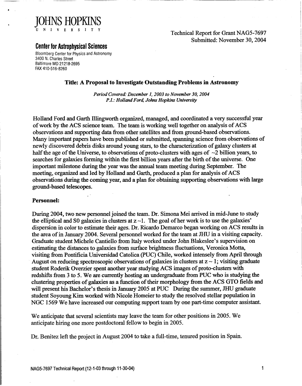 TOHNS HOPKINS J UEU’IVERSITY Technical Report for Grant NAG5-7697