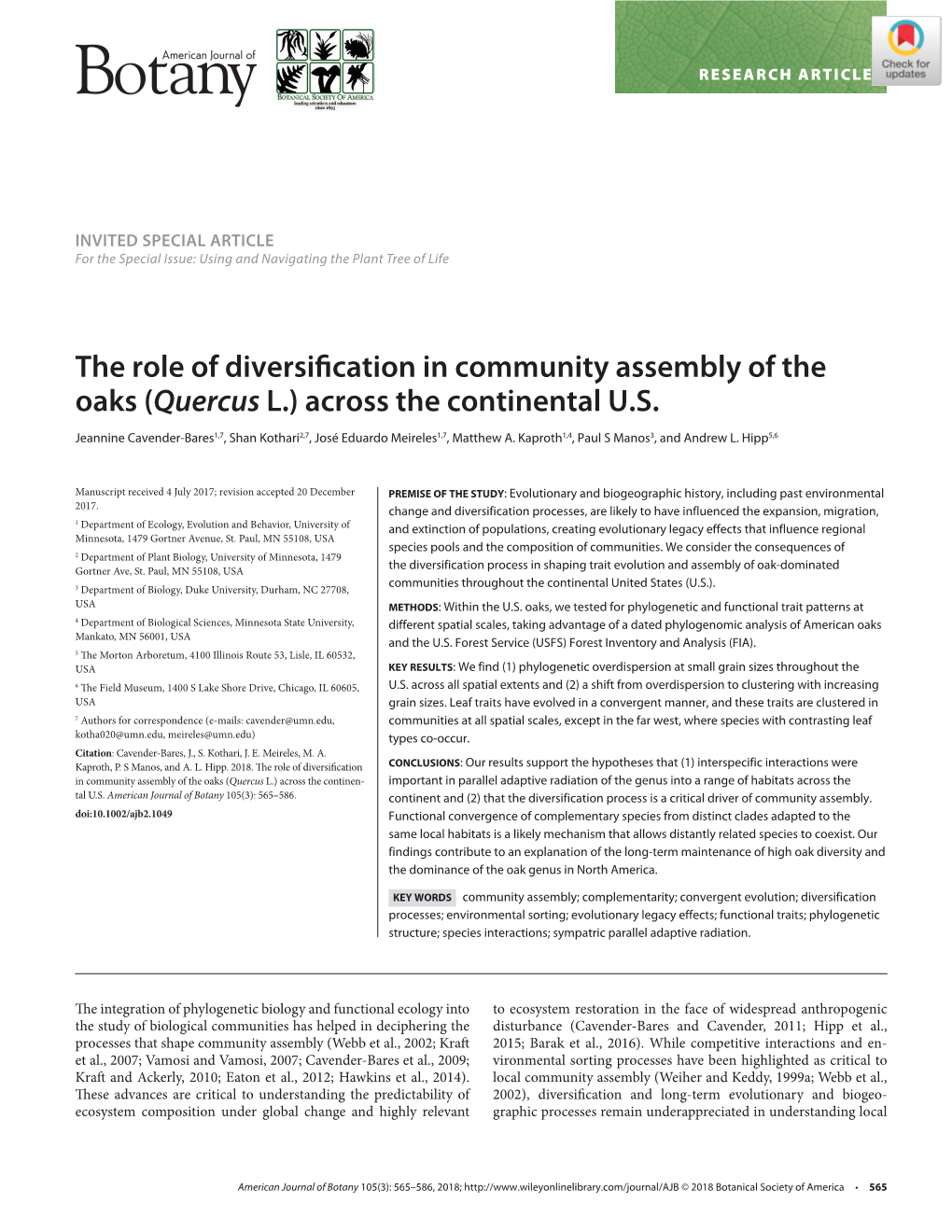 The Role of Diversification in Community Assembly of the Oaks (Quercus L.) Across the Continental U.S