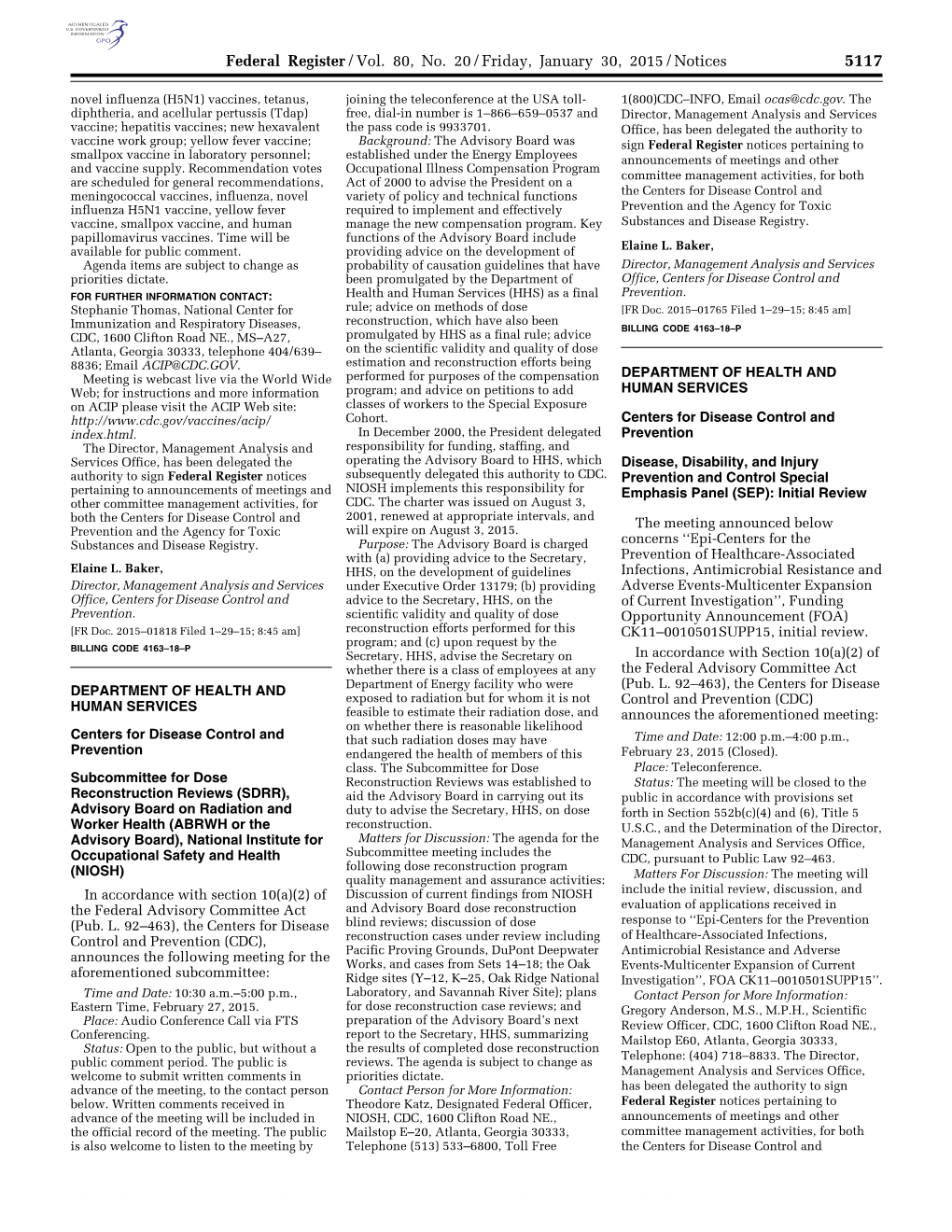 Federal Register/Vol. 80, No. 20/Friday, January 30, 2015/Notices