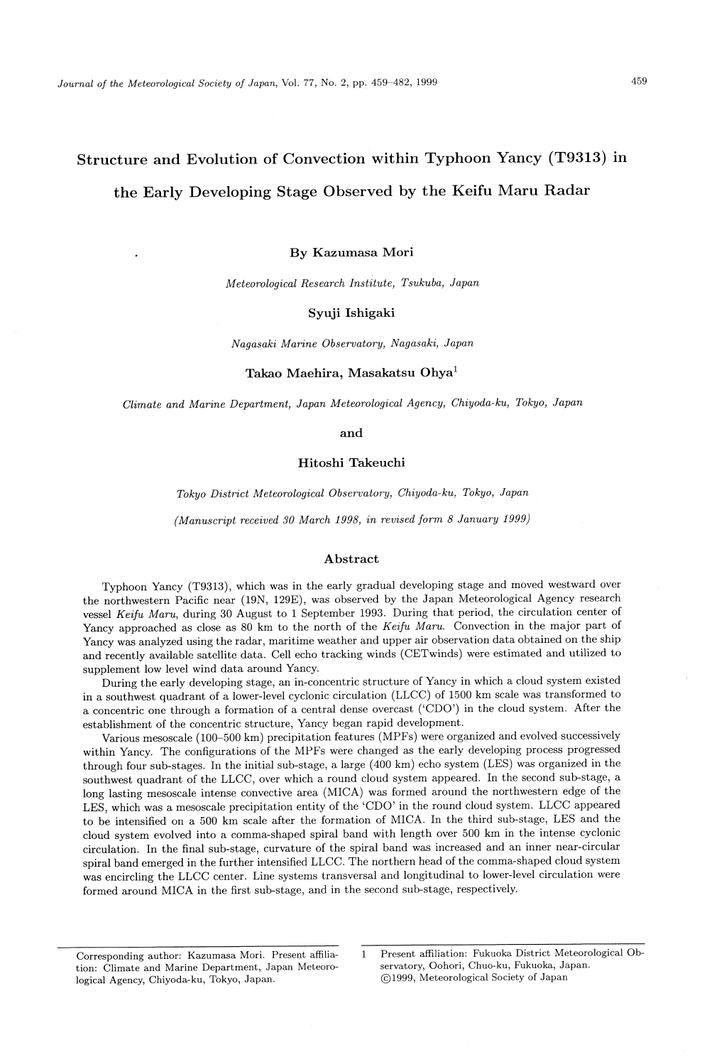 Structure and Evolution of Convection Within Typhoon Yancy (T9313) In