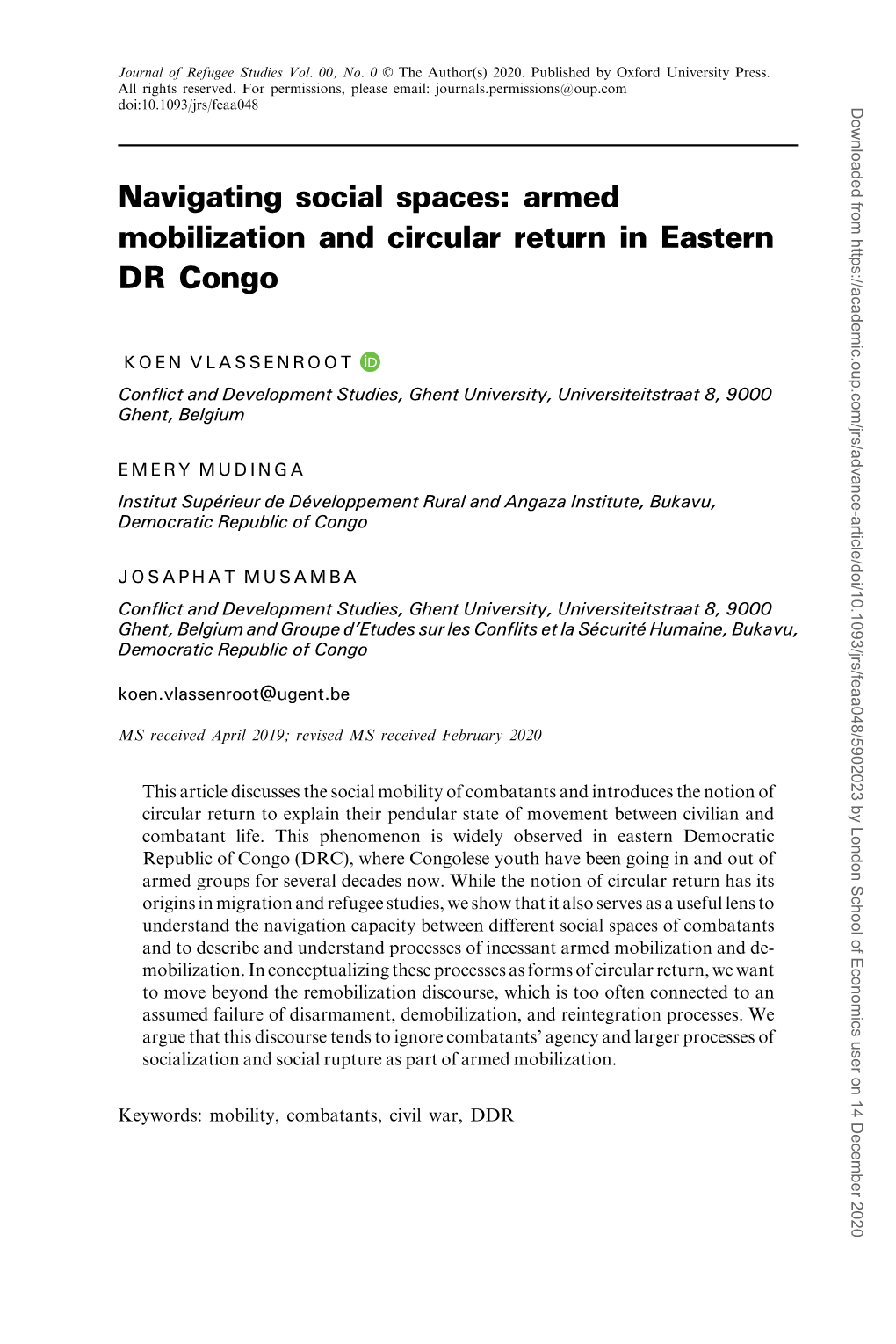 Navigating Social Spaces: Armed Mobilization and Circular Return in Eastern DR Congo