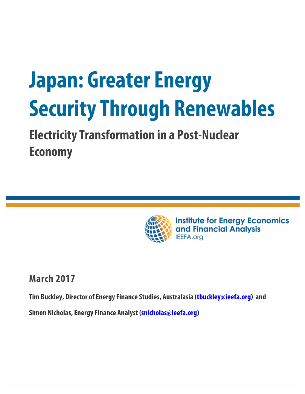 Japan: Greater Energy Security Through Renewables Electricity Transformation in a Post-Nuclear