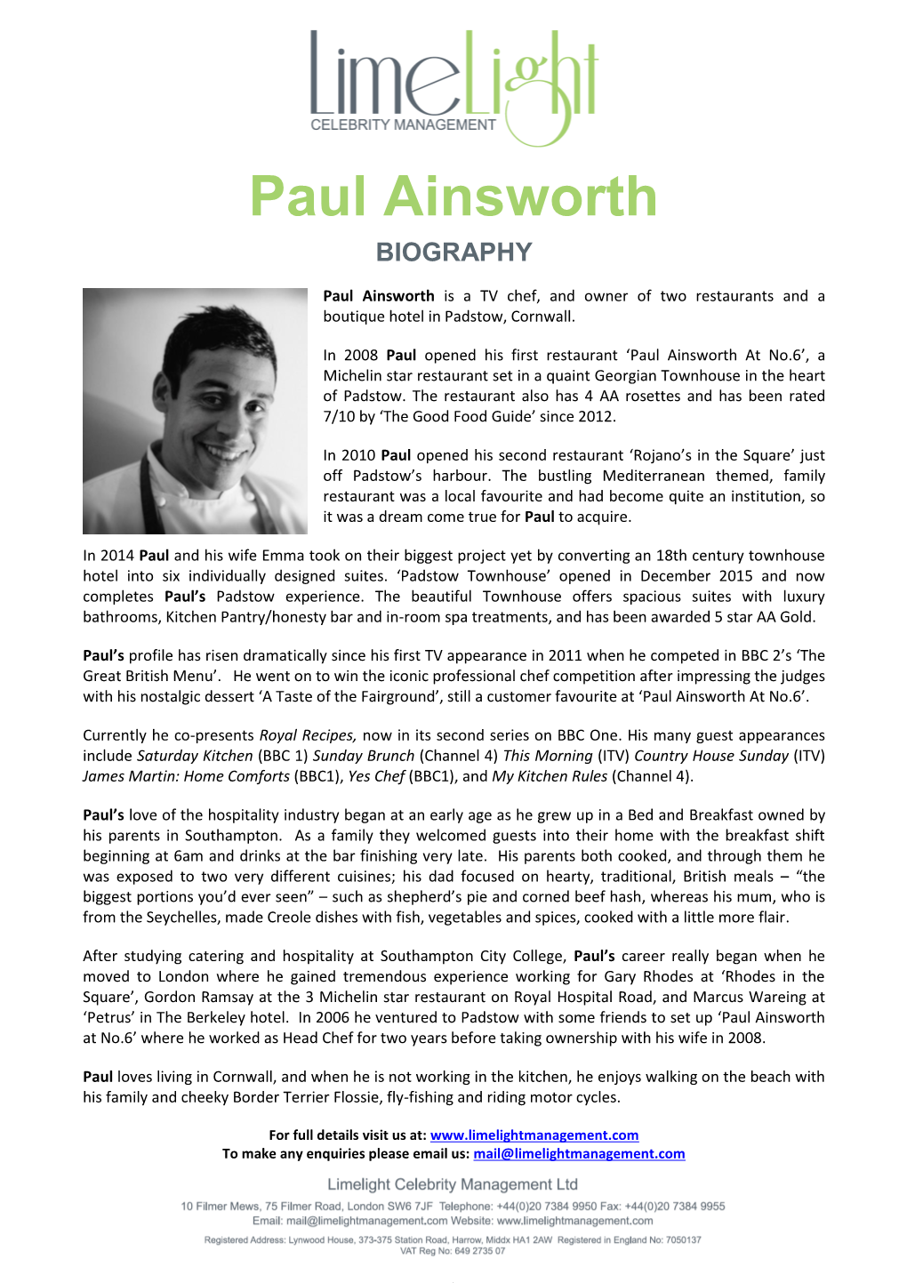 Paul Ainsworth BIOGRAPHY