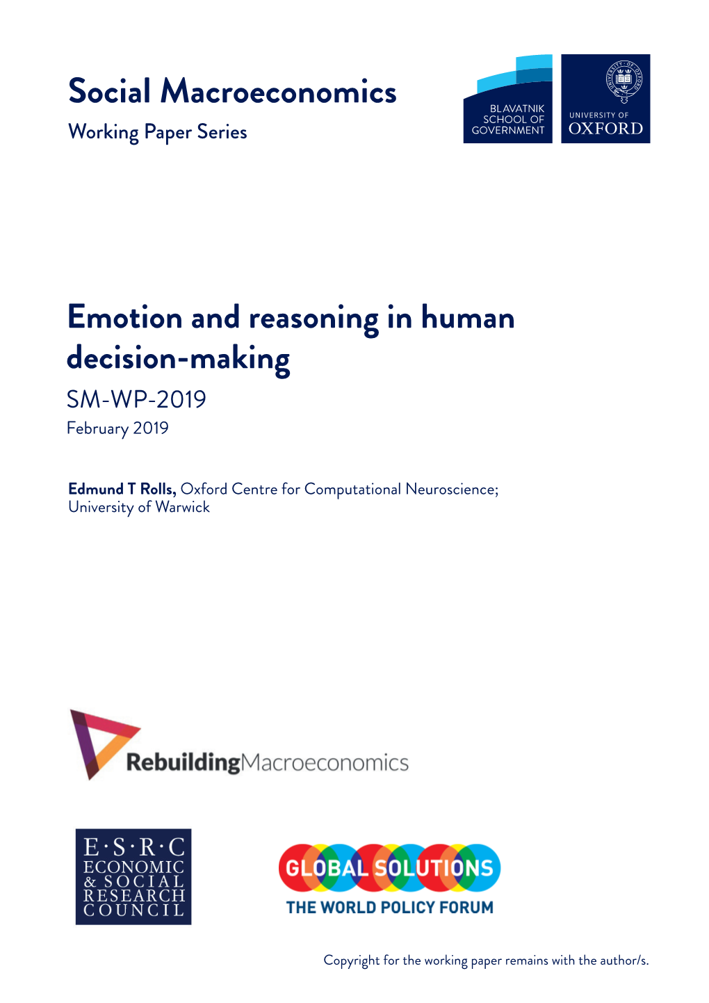 Emotion and Reasoning in Human Decision-Making SM-WP-2019 February 2019