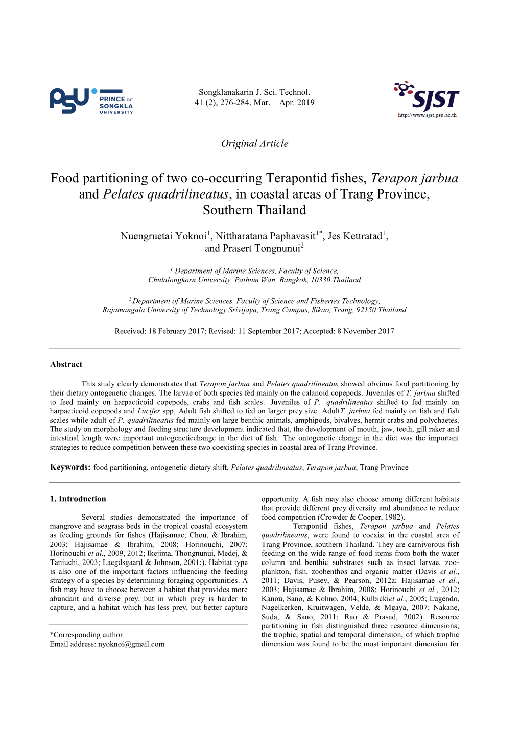 Food Partitioning of Two Co-Occurring Terapontid Fishes, Terapon Jarbua and Pelates Quadrilineatus, in Coastal Areas of Trang Province, Southern Thailand