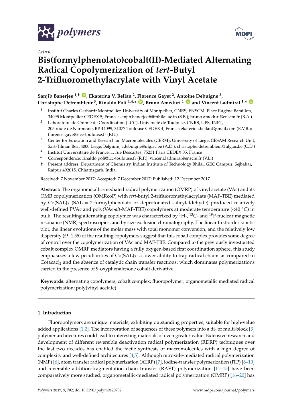 Cobalt(II)-Mediated Alternating Radical Copolymerization of Tert-Butyl 2-Triﬂuoromethylacrylate with Vinyl Acetate