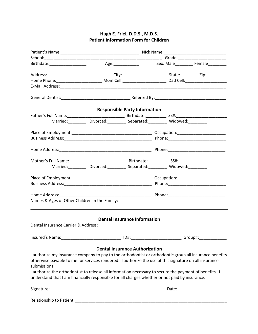 Patient Information Form for Children