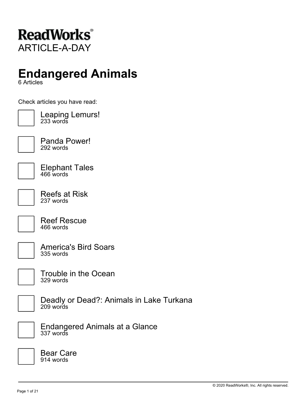 Endangered Animals 6 Articles
