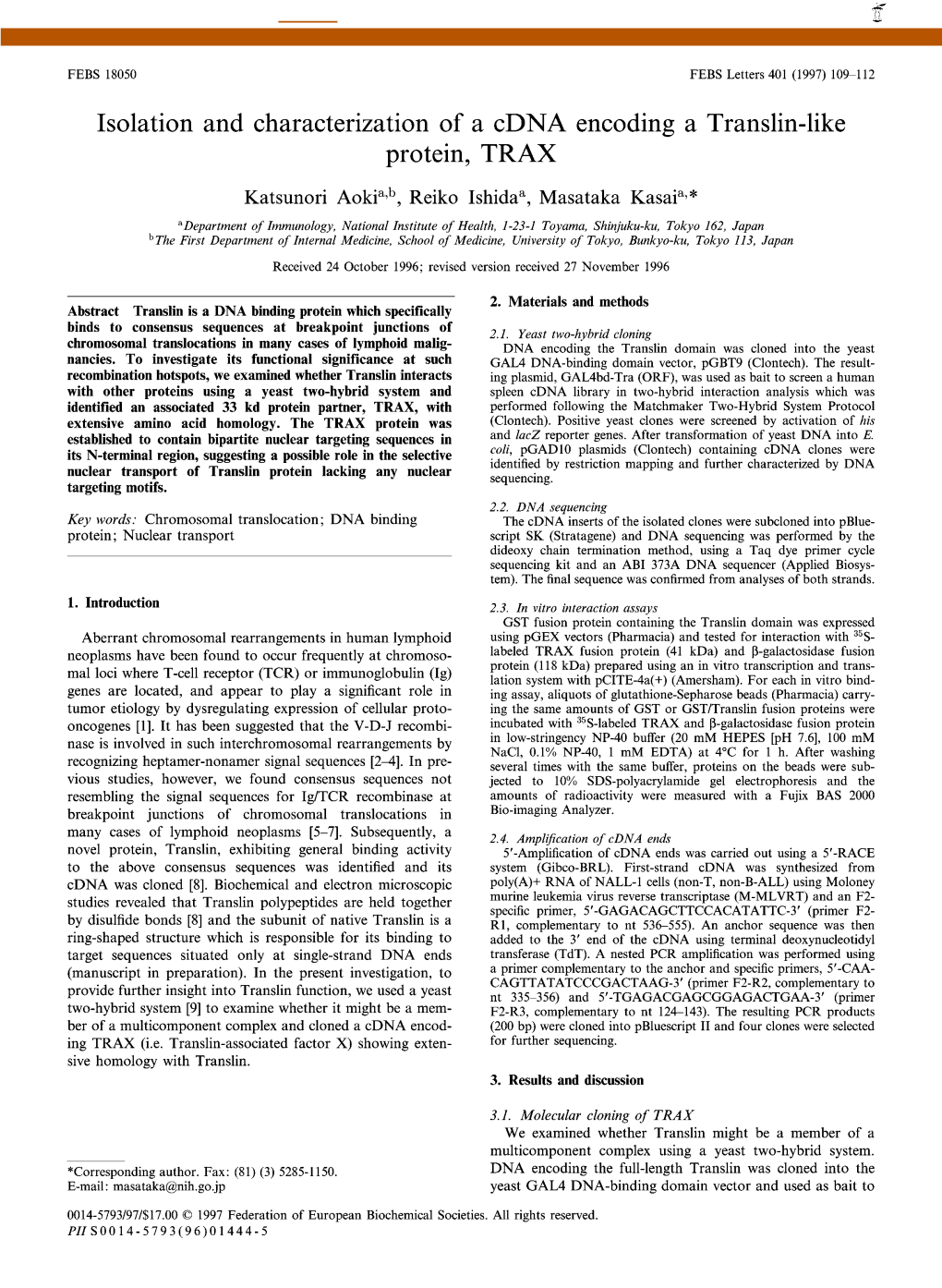 Isolation and Characterization of a Cdna Encoding a Translin