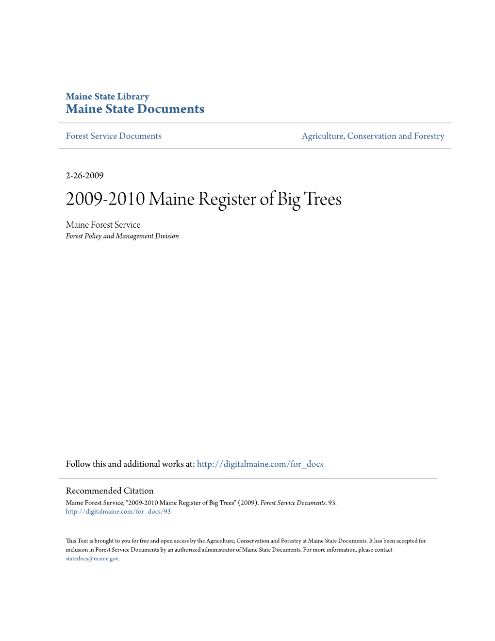 2009-2010 Maine Register of Big Trees Maine Forest Service Forest Policy and Management Division