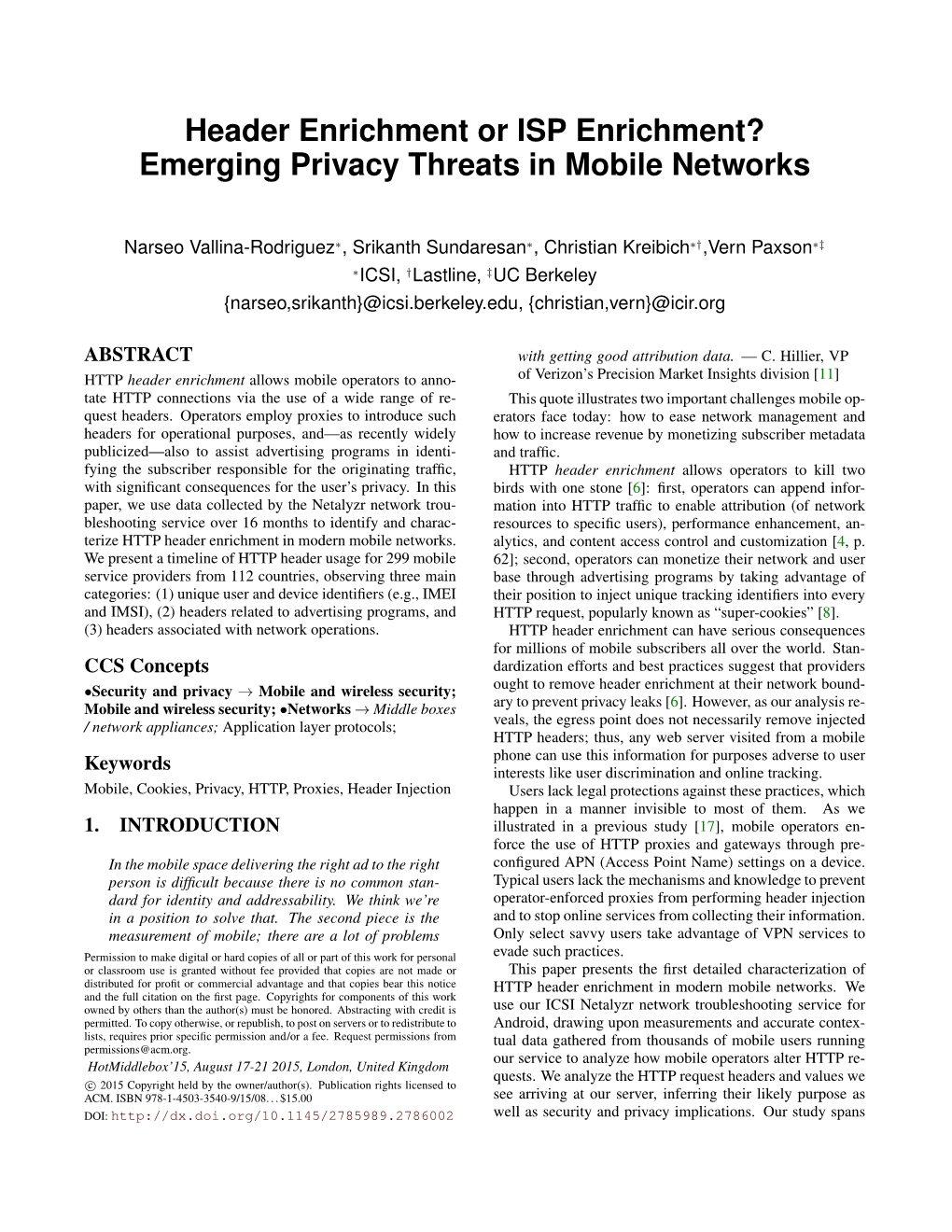 Header Enrichment Or ISP Enrichment? Emerging Privacy Threats in Mobile Networks