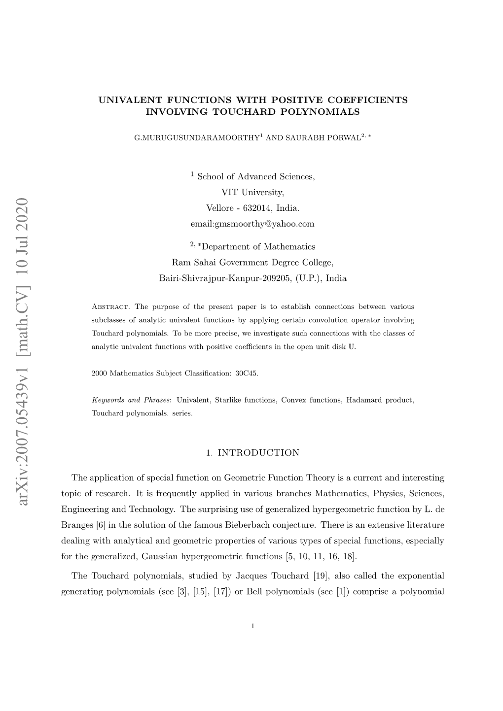Univalent Functions with Positive Coefficients Involving Touchard