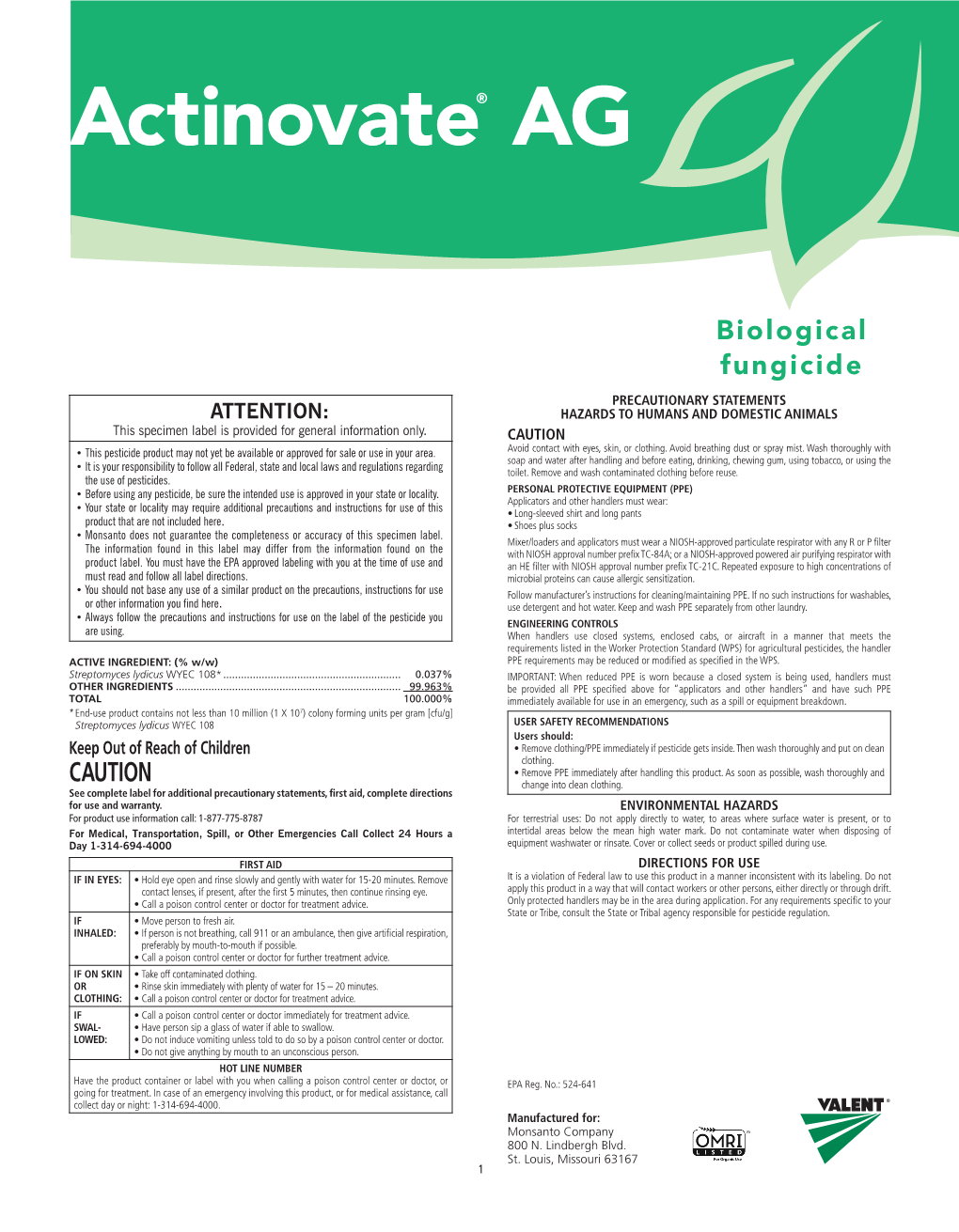 Actinovate AG Biological Fungicide Label