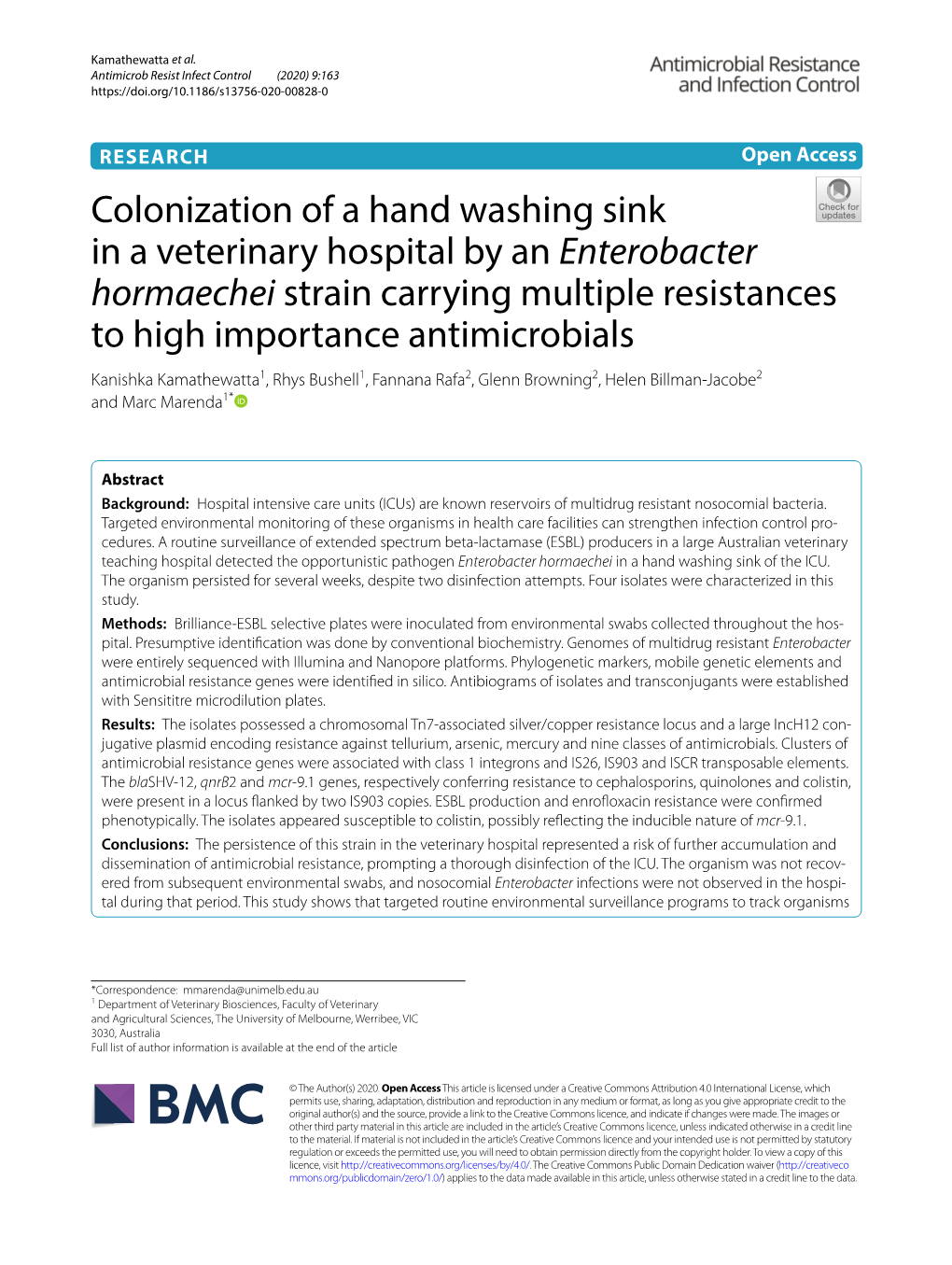 Colonization of a Hand Washing Sink in a Veterinary Hospital by An