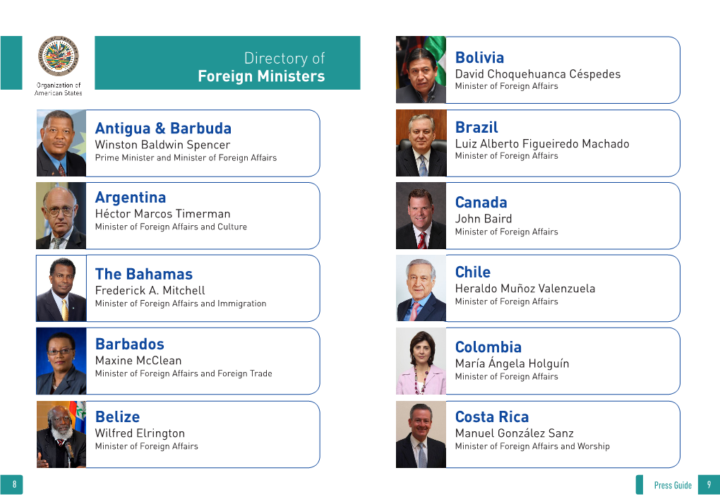 Directory of Foreign Ministers Bolivia Canada Argentina Colombia