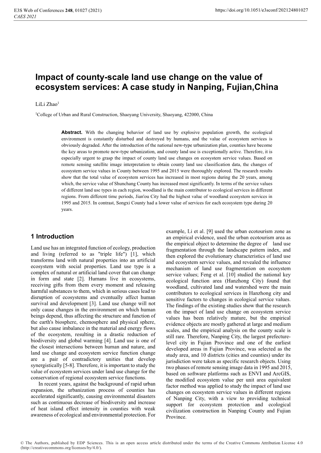 Impact of County-Scale Land Use Change on the Value of Ecosystem Services: a Case Study in Nanping, Fujian,China