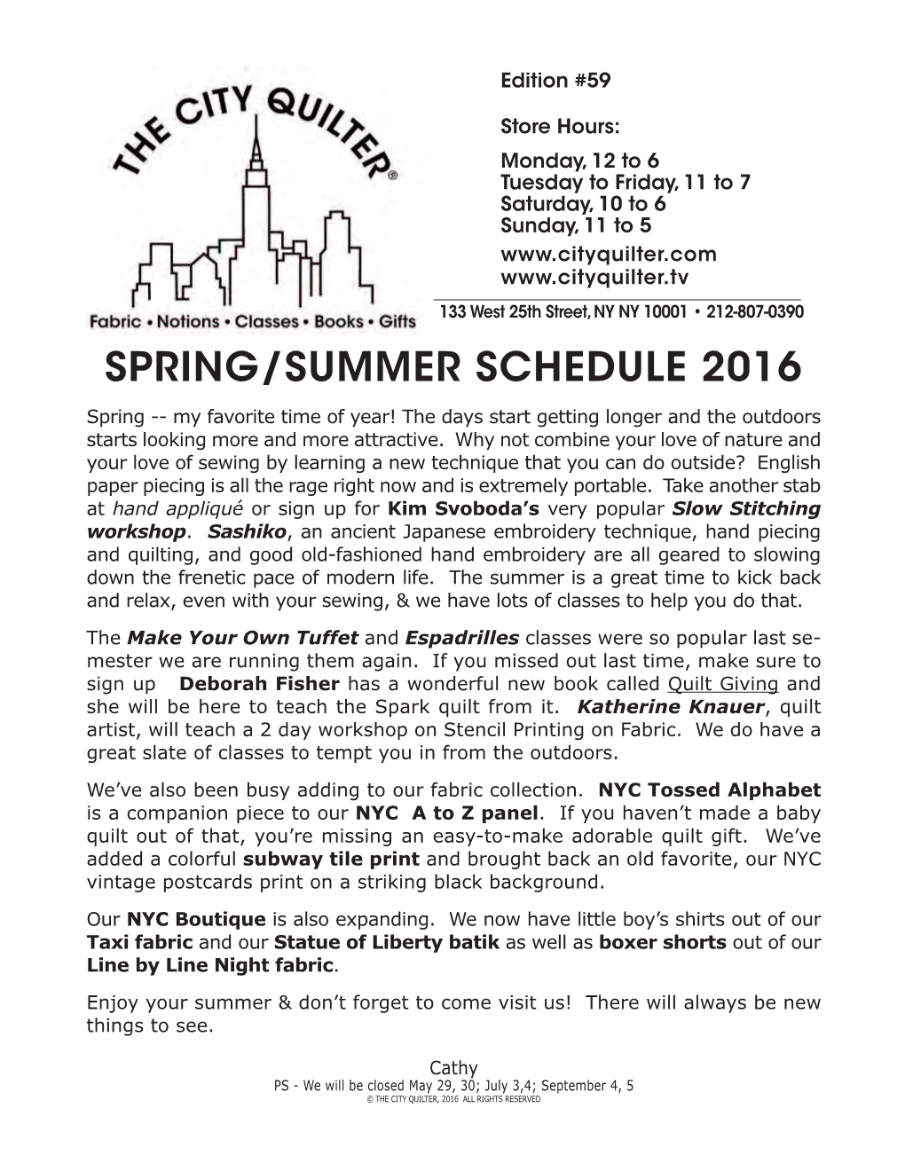 City Quilter's Spring/Summer 2016 Class Schedule