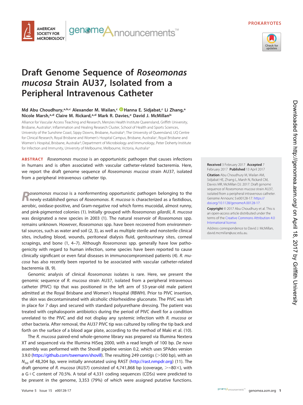 Draft Genome Sequence of Roseomonas Mucosa Strain AU37, Isolated from a Peripheral Intravenous Catheter Downloaded From