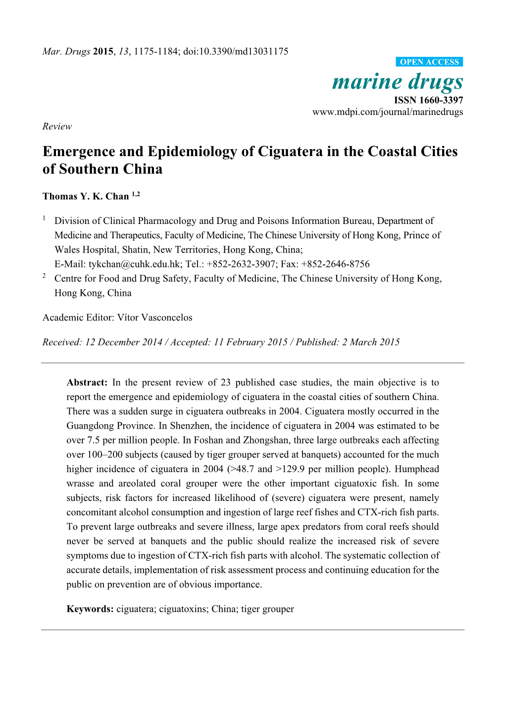 Emergence and Epidemiology of Ciguatera in the Coastal Cities of Southern China