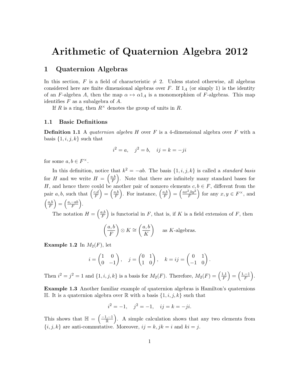 Arithmetic of Quaternion Algebras