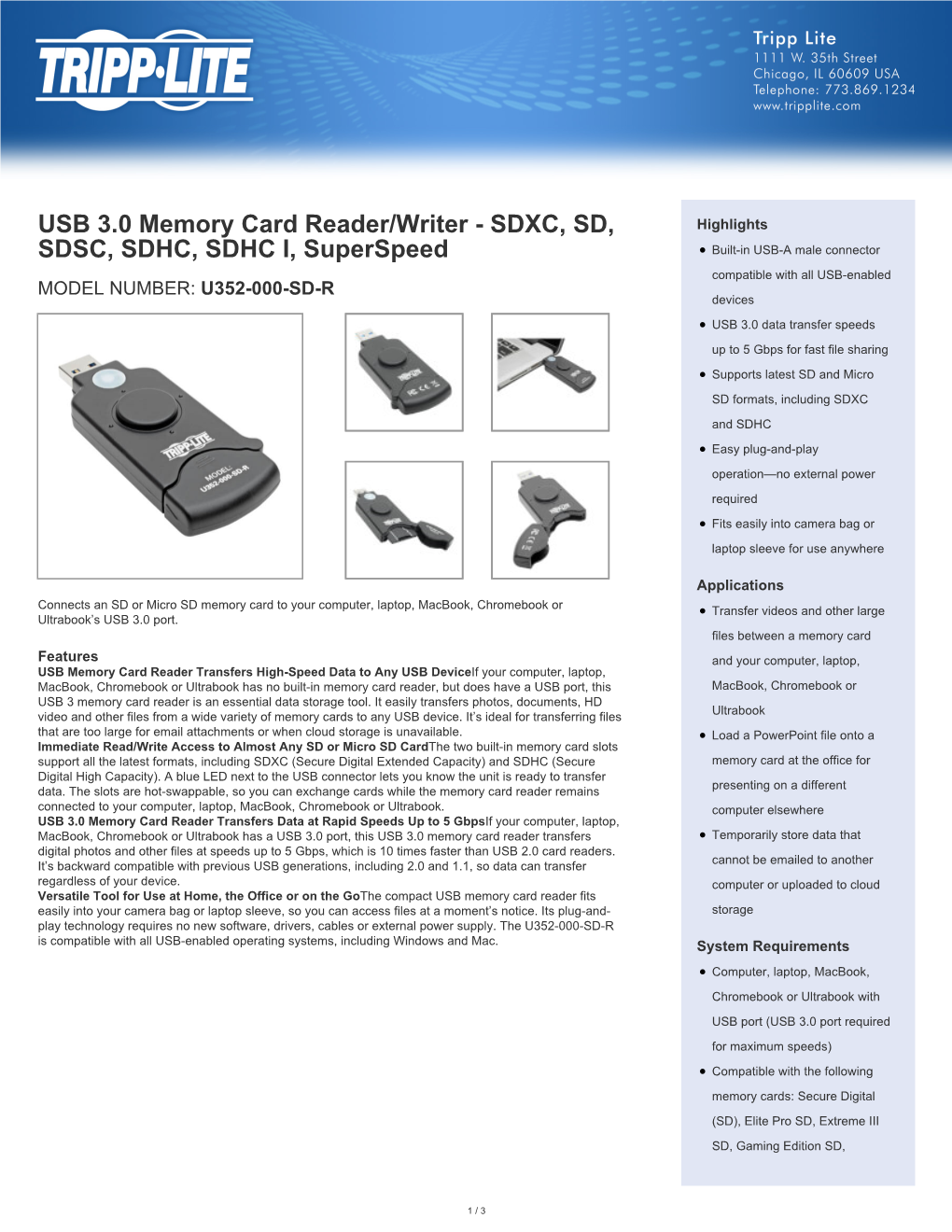 USB 3.0 Memory Card Reader/Writer