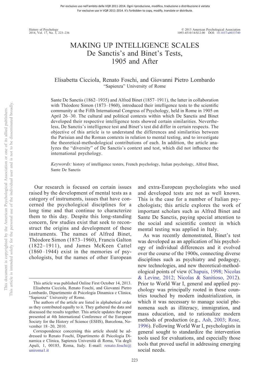 MAKING up INTELLIGENCE SCALES De Sanctis's and Binet's Tests