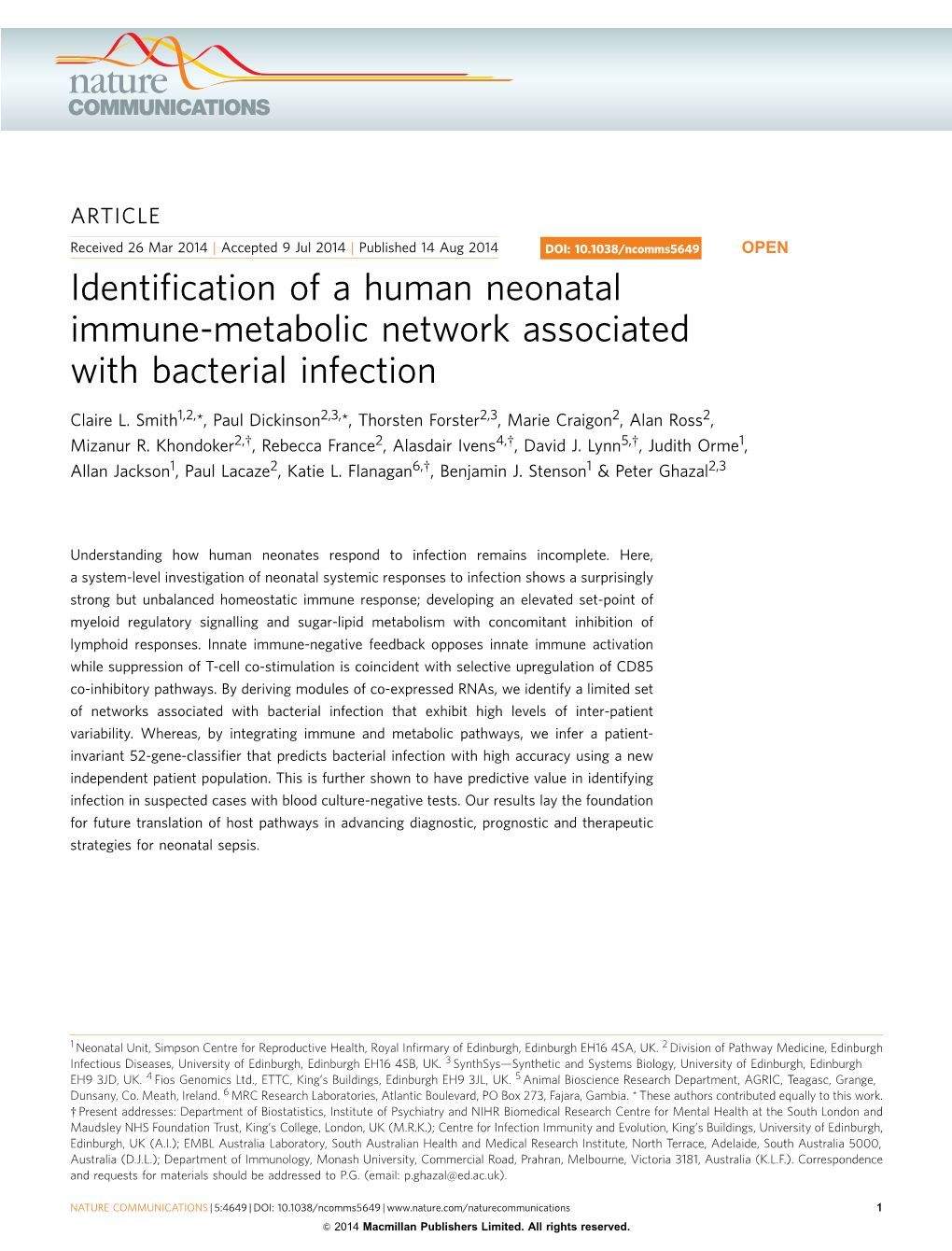 Identification of a Human Neonatal Immune-Metabolic Network
