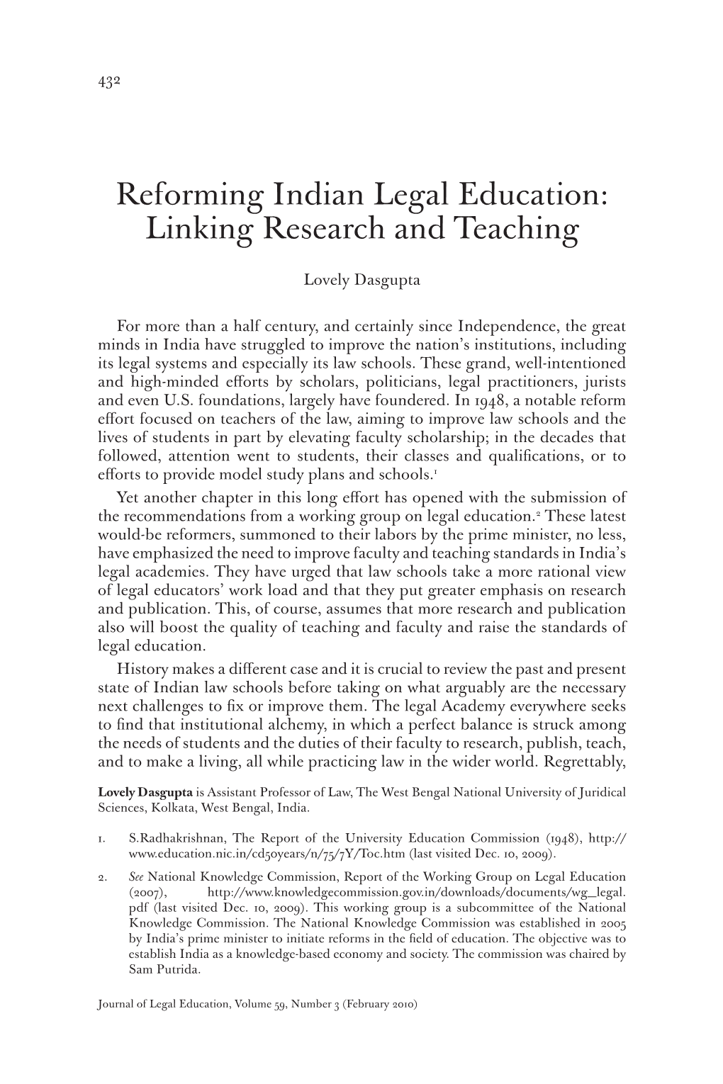 Reforming Indian Legal Education: Linking Research and Teaching