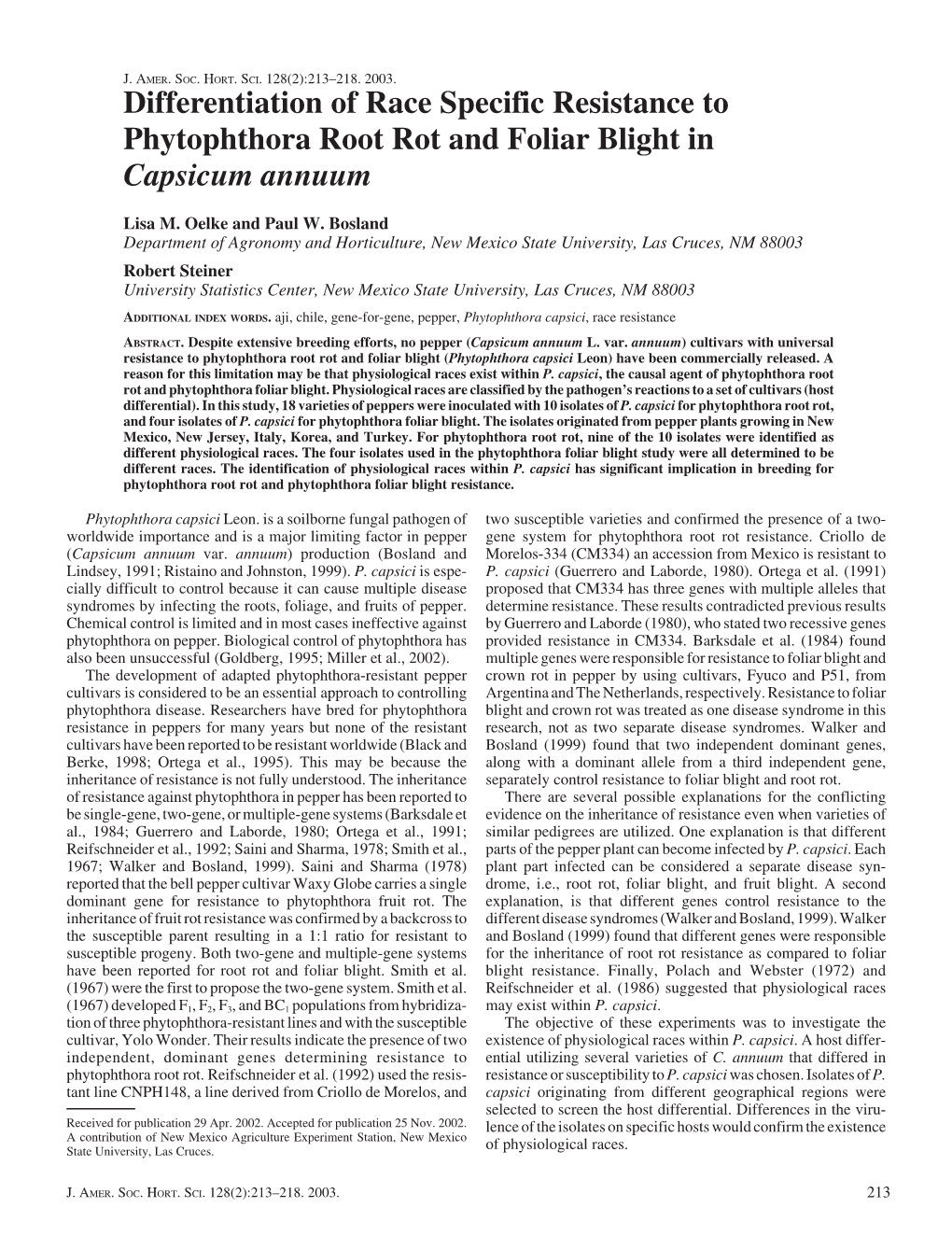 Differentiation of Race Specific Resistance to Phytophthora Root Rot and Foliar Blight in Capsicum Annuum