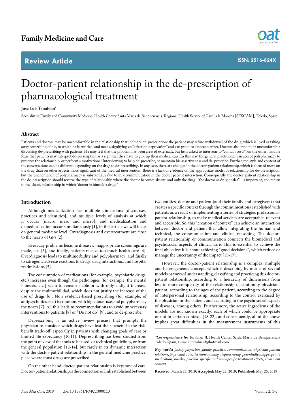 Doctor-Patient Relationship in the De-Prescription of Pharmacological