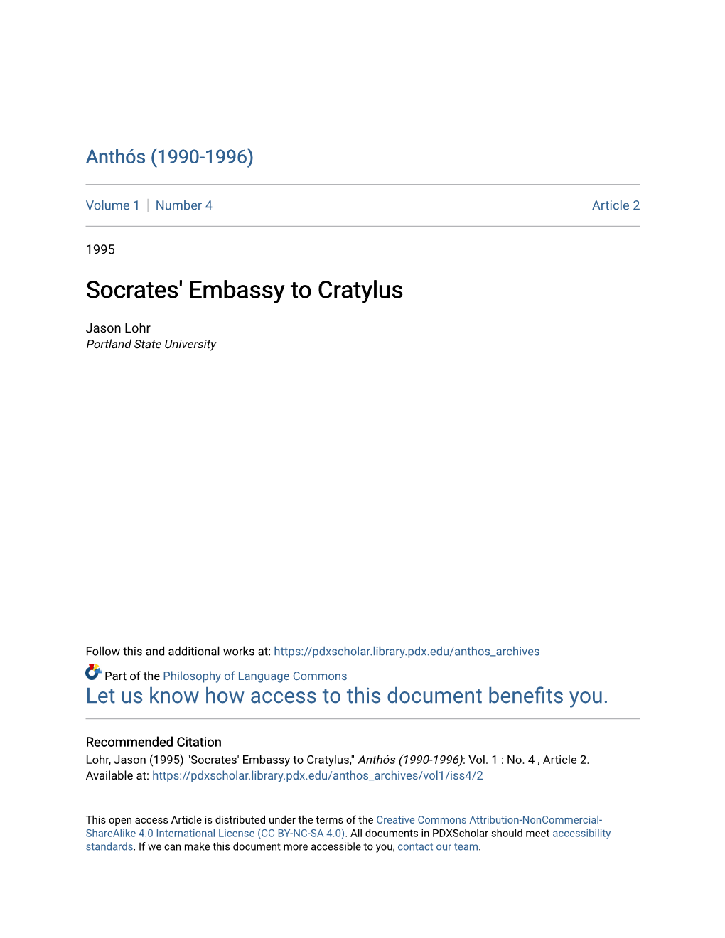 Socrates' Embassy to Cratylus