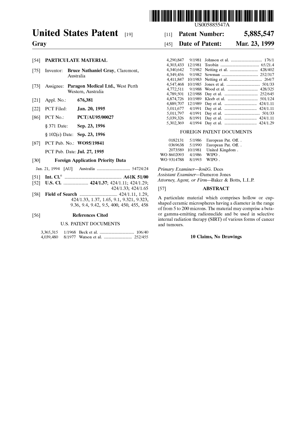 United States Patent (19) 11 Patent Number: 5,885,547 Gray (45) Date of Patent: Mar 23, 1999