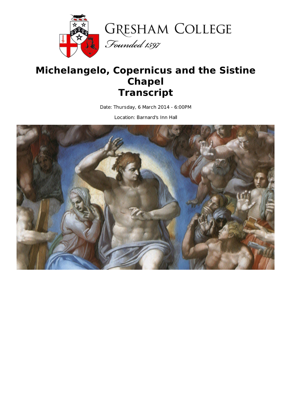 Michelangelo, Copernicus and the Sistine Chapel Transcript