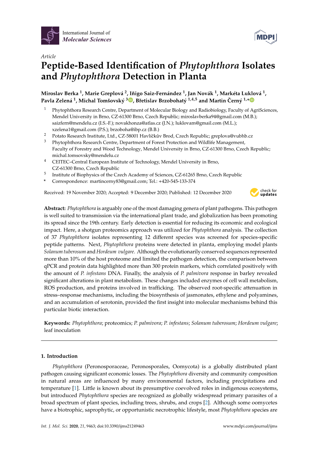 Peptide-Based Identification of Phytophthora Isolates And