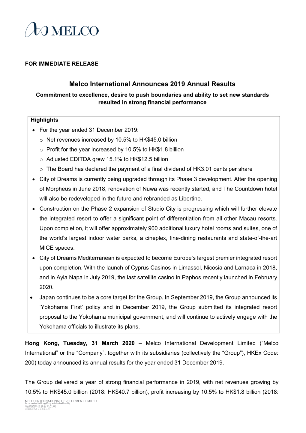 Melco International Announces 2019 Annual Results