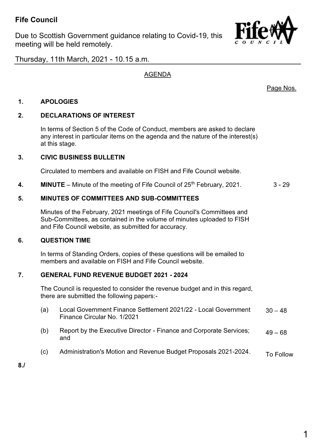 Agenda & Papers for Meeting of Fife Council of 11 March 2021