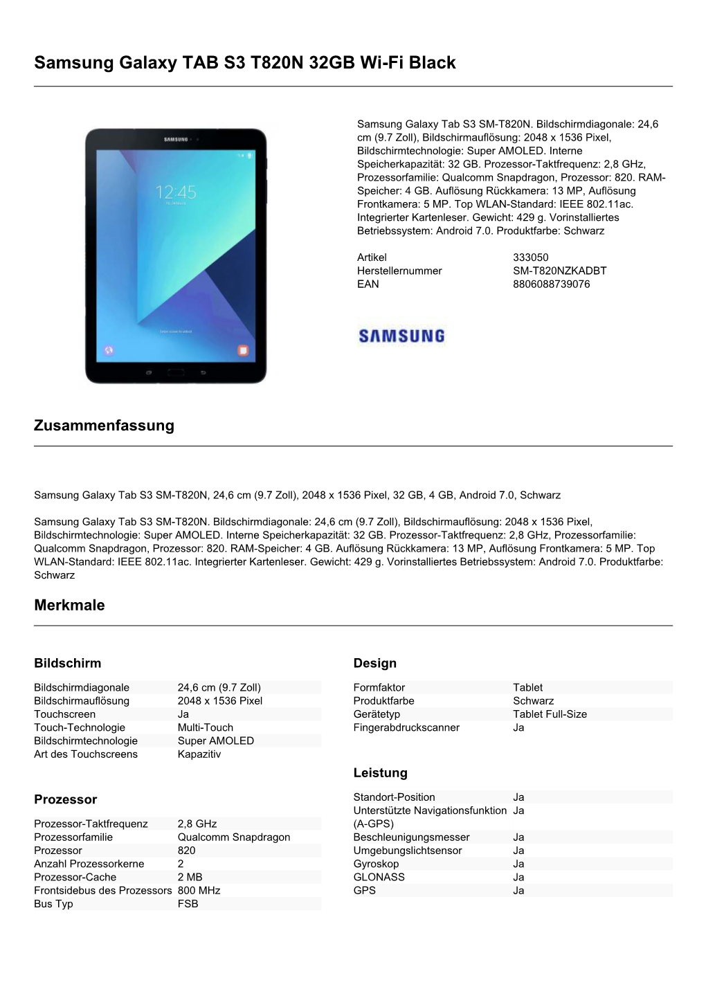 Samsung Galaxy TAB S3 T820N 32GB Wi-Fi Black