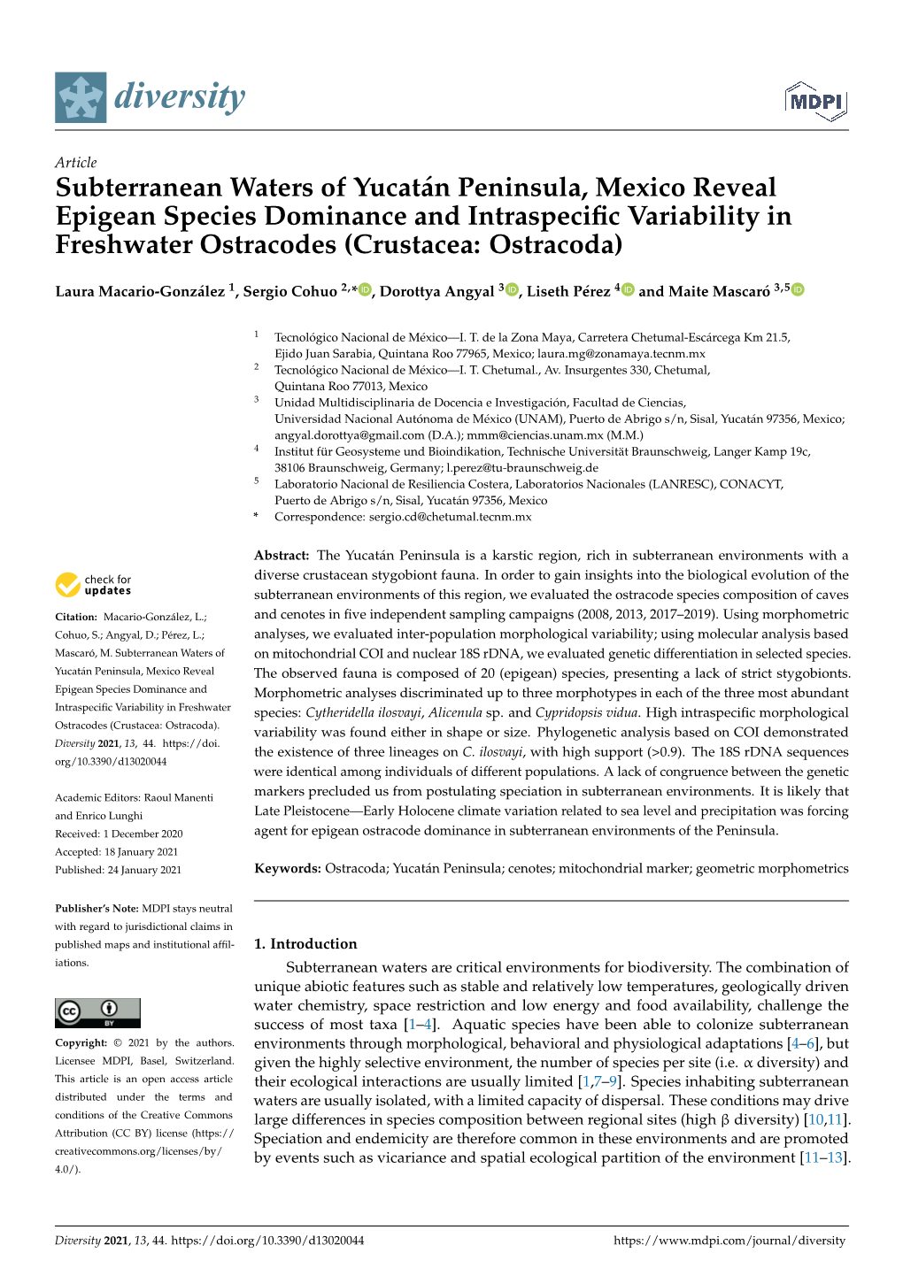 Subterranean Waters of Yucatán Peninsula, Mexico Reveal Epigean Species Dominance and Intraspeciﬁc Variability in Freshwater Ostracodes (Crustacea: Ostracoda)