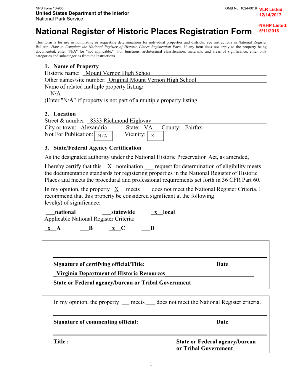 National Register of Historic Places Registration Form 5/11/2018