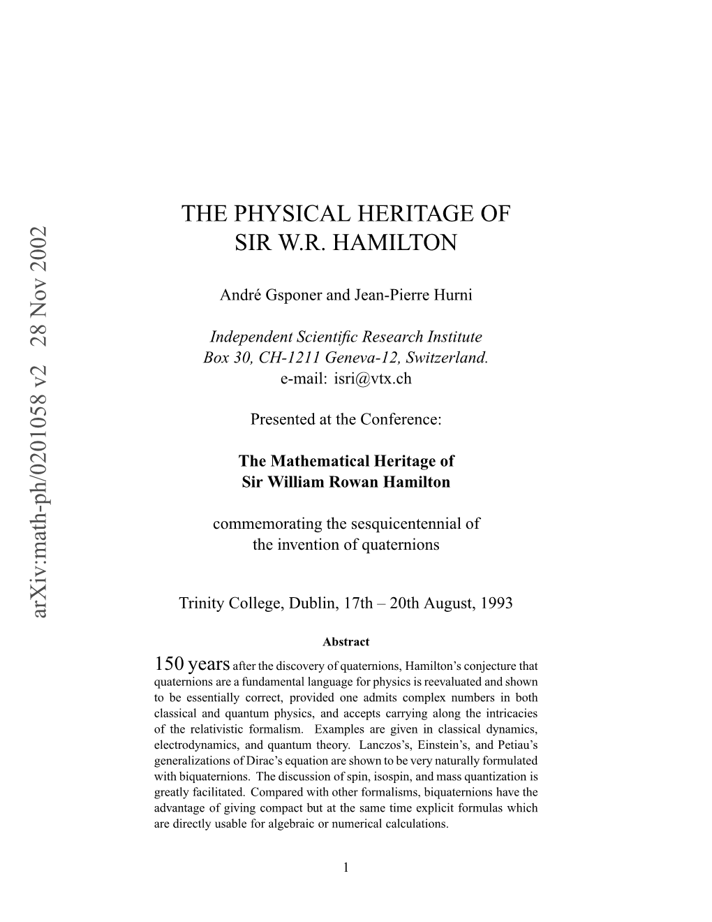 Arxiv:Math-Ph/0201058 V2 28 Nov 2002