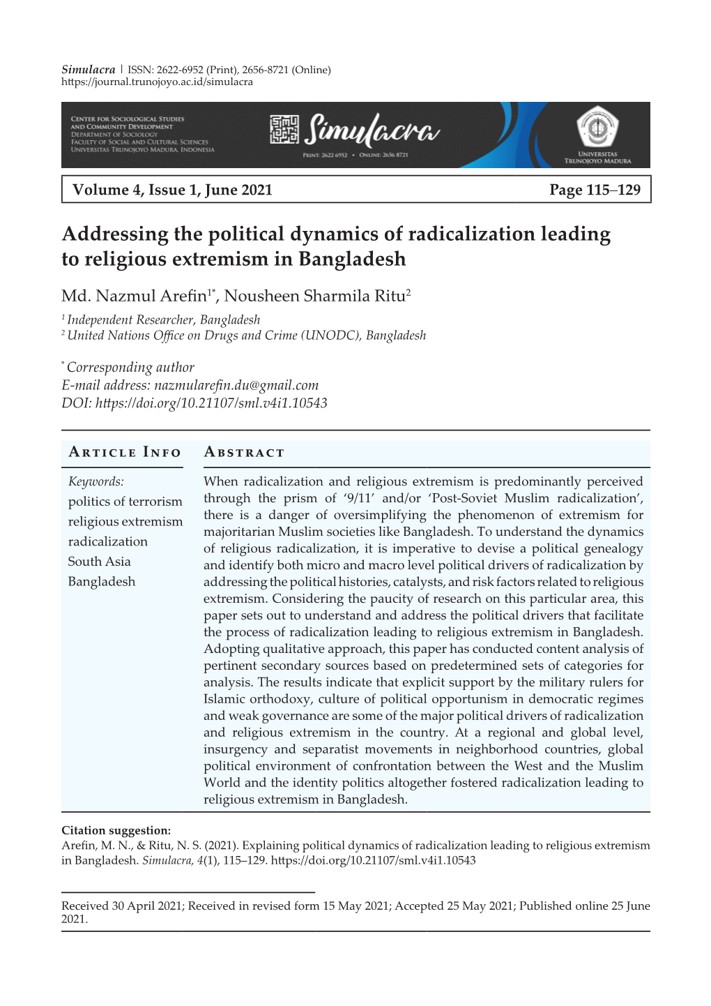 Addressing the Political Dynamics of Radicalization Leading to Religious Extremism in Bangladesh