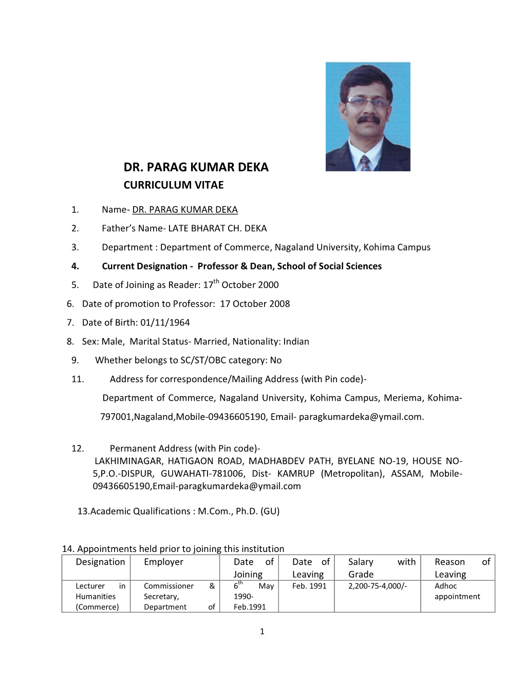 Dr. Parag Kumar Deka Curriculum Vitae