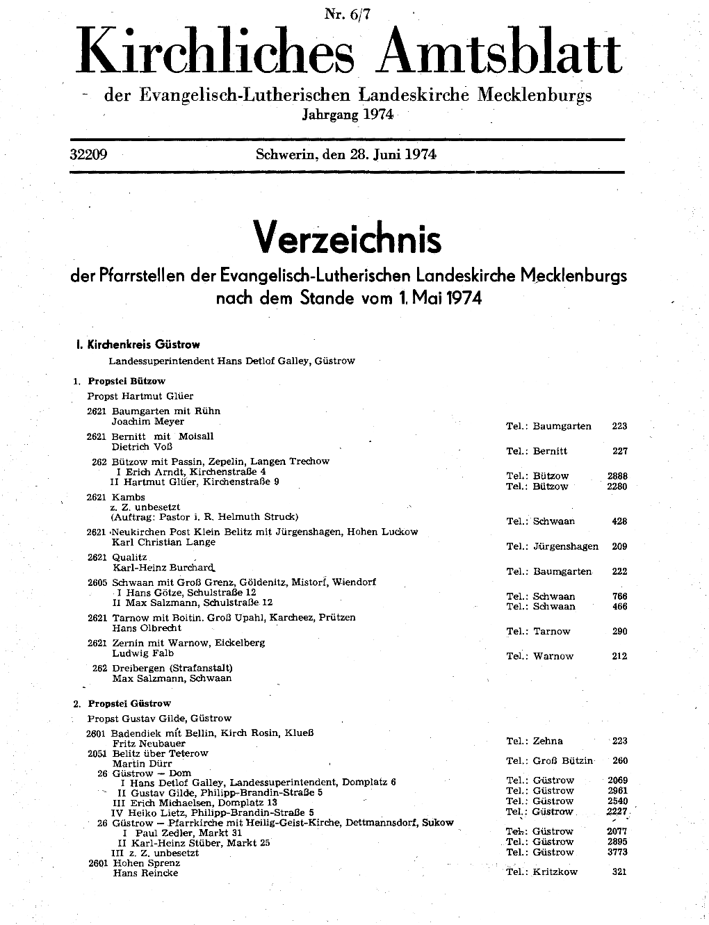 Kirchliches Amtsblatt Der Evangelisch-Lutherischen Landeskirche Mecklenburgs Jahrgang 1974