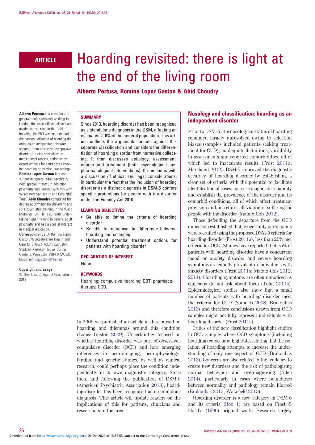 Hoarding Revisited: There Is Light at the End of the Living Room Alberto Pertusa, Romina Lopez Gaston & Abid Choudry