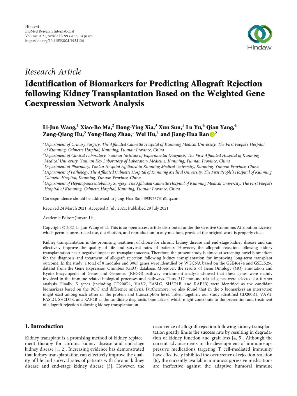 Identification of Biomarkers for Predicting Allograft Rejection Following Kidney Transplantation Based on the Weighted Gene Coexpression Network Analysis